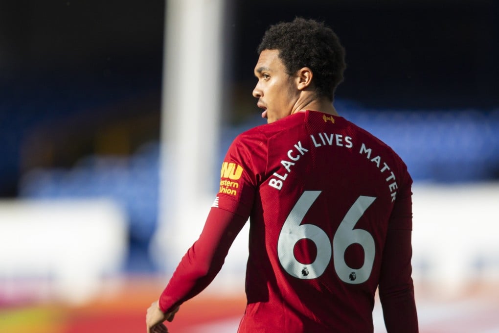 Liverpool’s Trent Alexander-Arnold with the words “Black Lives Matter” on the back of his shirt during the English Premier League Merseyside Derby against Everton. Photo: Xinhua