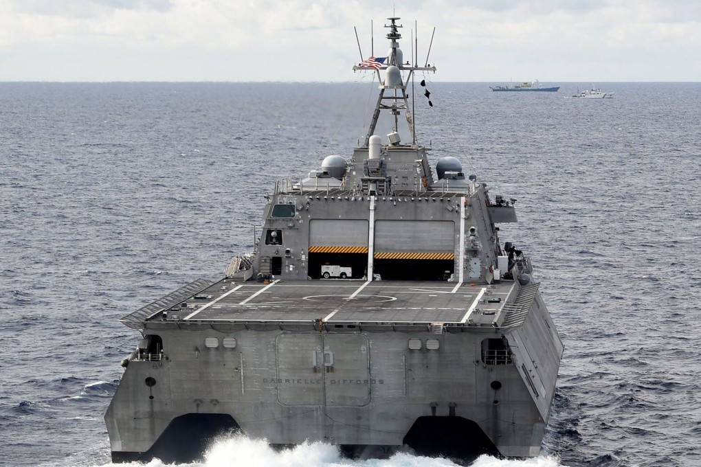 The Independence-variant littoral combat ship USS Gabrielle Giffords (LCS 10) conducts routine operations near the Chinese vessel Hai Yang Di Zhi 4 Hao on July 1. Photo: US Navy