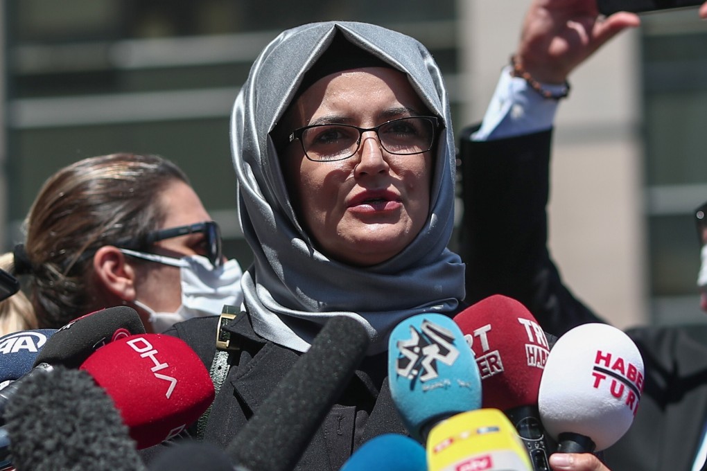 Hatice Cengiz, the fiancée of murdered Saudi journalist Jamal Khashoggi, speaks to media after first session of trial in Istanbul on July 3, 2020. Photo: EPA-EFE