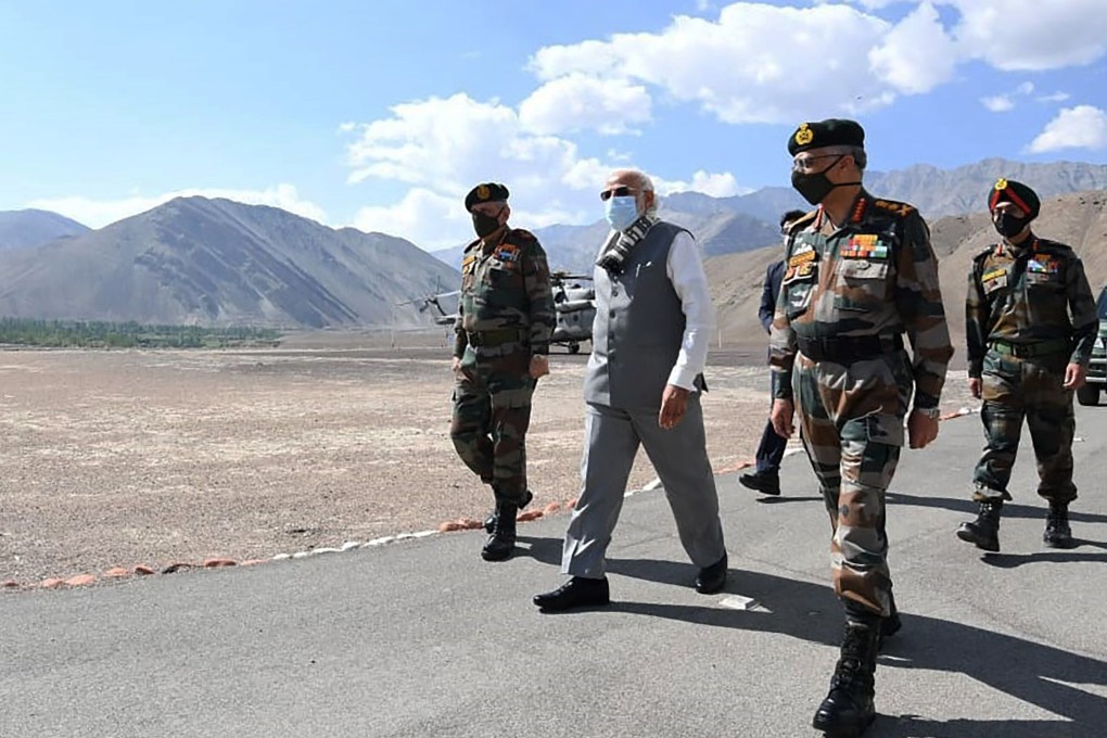 Indian Prime Minister Narendra Modi visits Indian troops in Ladakh on Friday. Photo: AP