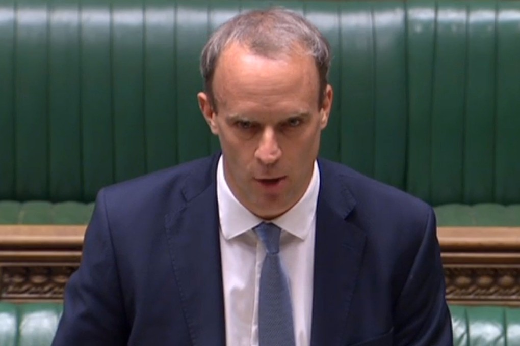Britain’s Foreign Secretary Dominic Raab making a statement in London on Monday on new UK government powers to levy sanctions against individuals involved in human rights abuse. Photo: UK Parliament’s Parliamentary Recording Unit via AFP