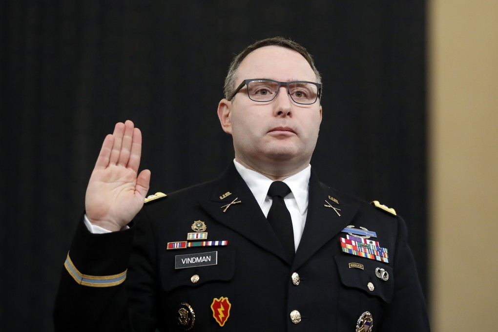 Lieutenant Colonel Alexander Vindman is sworn in to testify before the House Intelligence Committee on Capitol Hill in November. Photo: AP