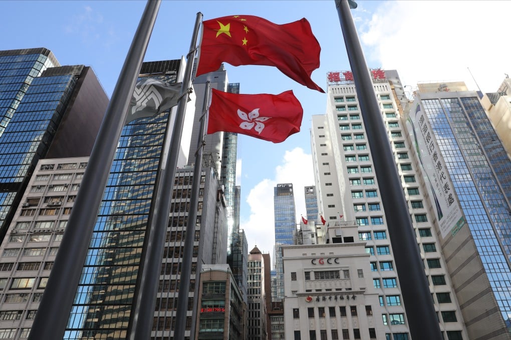 The Hong Kong SAR and Chinese national flag flying against a backdrop of office buildings in the financial district of Central. Photo: Dickson Lee