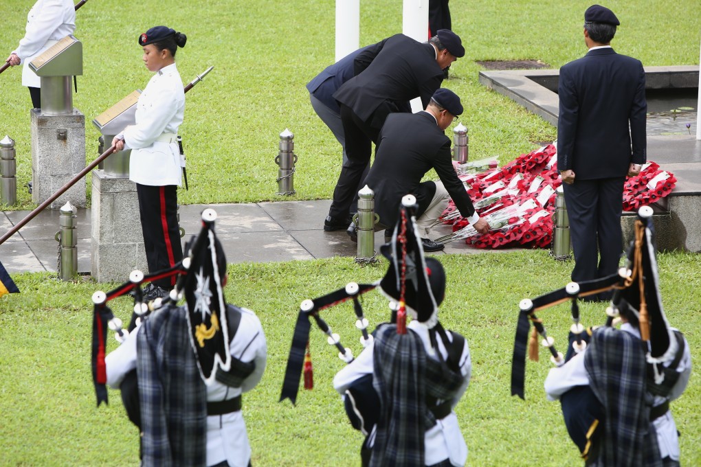 War veterans and uniformed groups attend a wreath-laying ceremony to commemorate the liberation of Hong Kong from Japanese occupation in 1945, at City Hall Memorial Garden in Central in August 2018. Photo: Edmond So