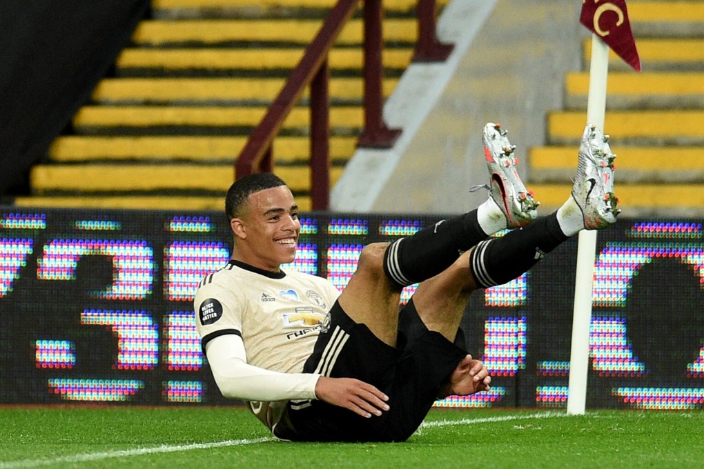 Manchester United’s Mason Greenwood celebrates scoring his side’s second goal against Aston Villa. Photo: DPA