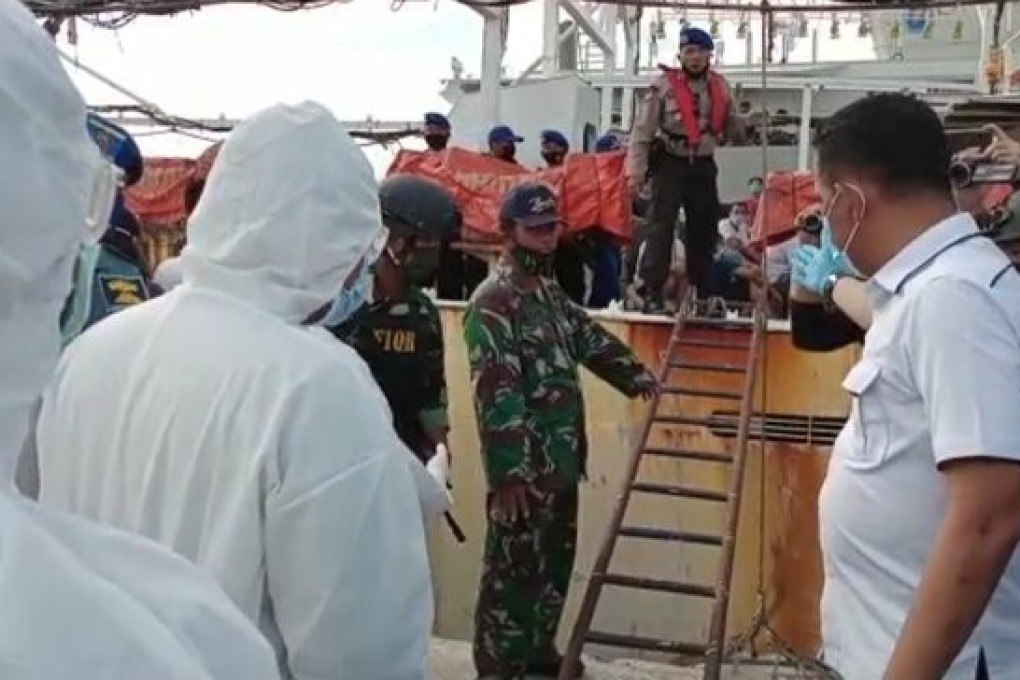 Indonesian authorities inspect of one of the Chinese ships on Batam Island. Photo: Twitter
