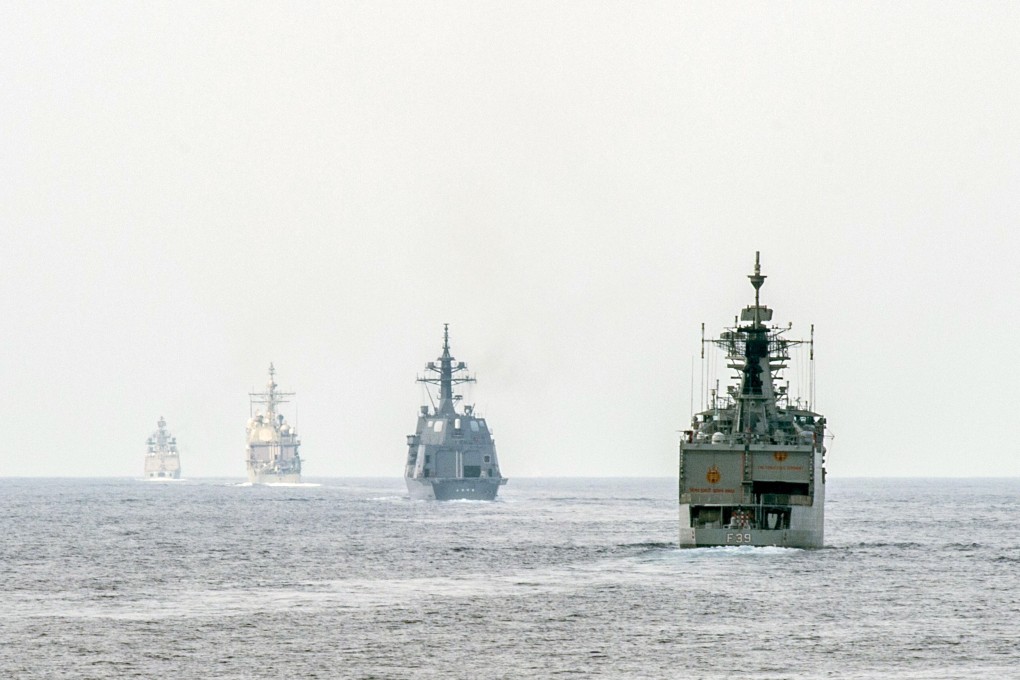 Indian, US and Japanese warships in a 2015 exercise. The Australian navy is set to join in the next round. Photo: AFP