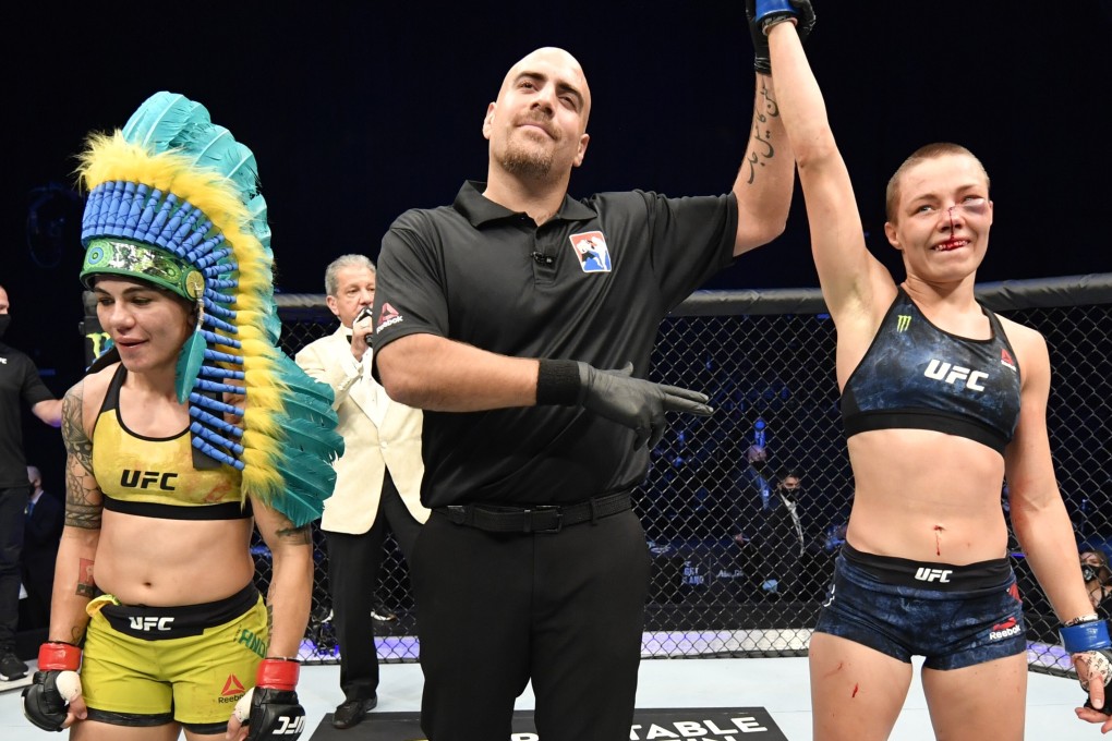 Rose Namajunas celebrates after her split-decision victory over Jessica Andrade in their strawweight fight during UFC 251. Photos: USA TODAY Sports
