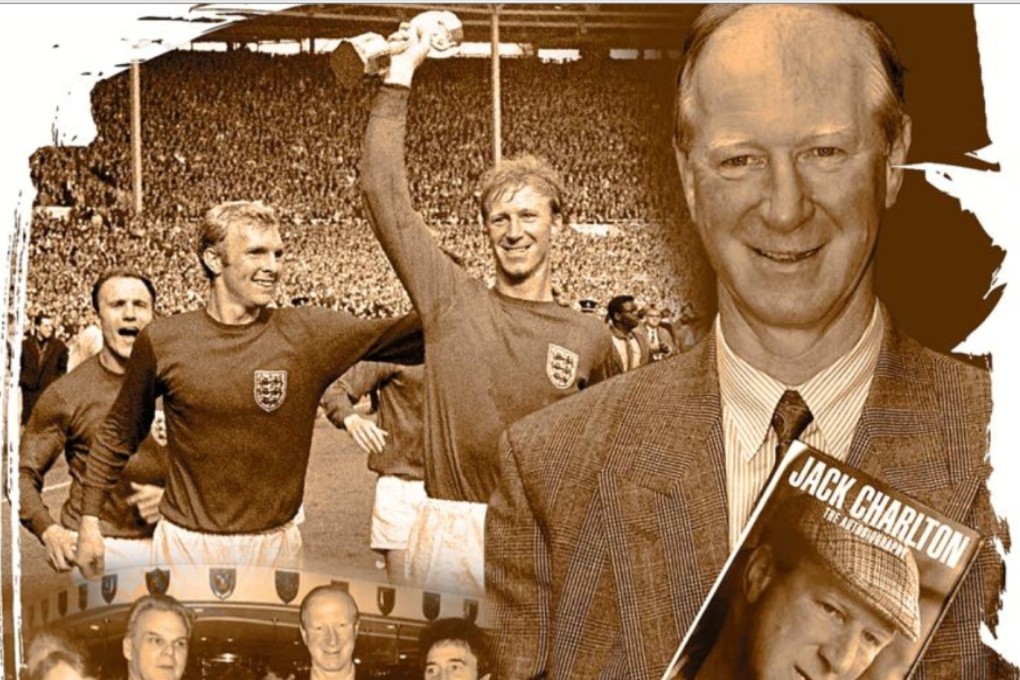Jack Charlton raising the World Cup trophy, with his autobiography and with Hong Kong friends. Photos: AP, AFP, Handout