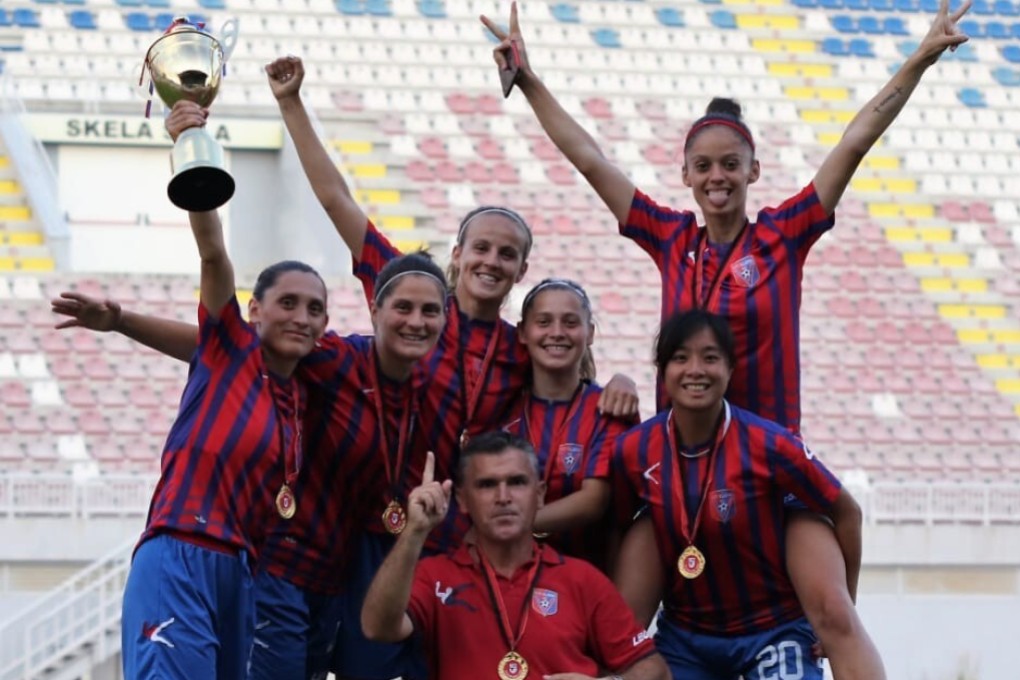 Hong Kong footballer Wai Yuen-ting celebrates with Albanian team Vllaznia teammates. Photo: Graeme Chan
