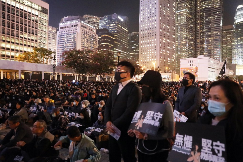 Hundreds of Hong Kong teachers and their supporters rallied at Edinburgh Place in Central against the government’s handling of complaints involving educators accused of protest-related misconduct. Photo: K. Y. Cheng