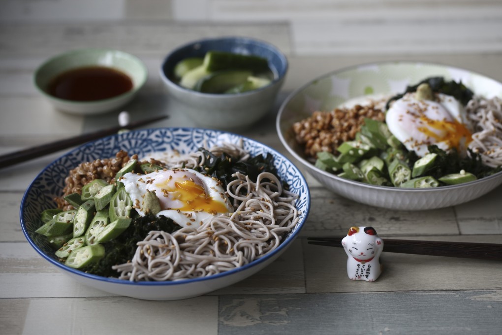 Susan Jung’s neba-neba soba (buckwheat noodles with natto, mountain yam, okra and soft-centred egg). Photography: SCMP / Jonathan Wong. Styling: Nellie Ming Lee. Kitchen: courtesy of Culinart