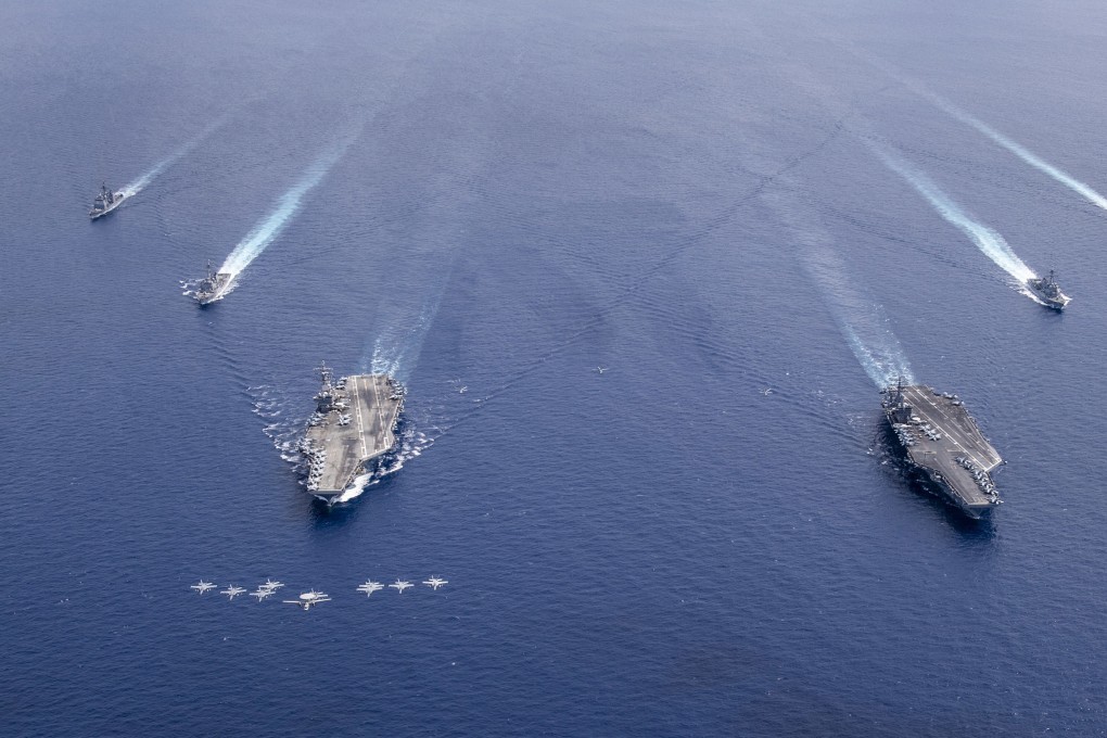 The US Navy’s Nimitz Carrier Strike Force conducts operations in the South China Sea on July 6. Photo: EPA