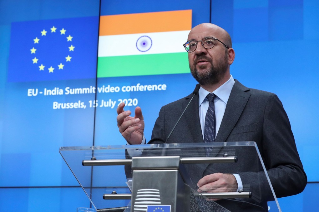 European Council President Charles Michel speaks during a news conference in Brussels on Wednesday after a virtual summit with the Indian prime minister. Photo: AFP