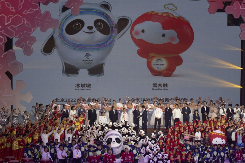 Beijing 2022 Winter Olympic mascot Bing Dwen Dwen (left) and 2022 Winter Paralympic Games mascot (Shuey Rong Rong) are revealed during a ceremony in Beijing in September. Photo: AP