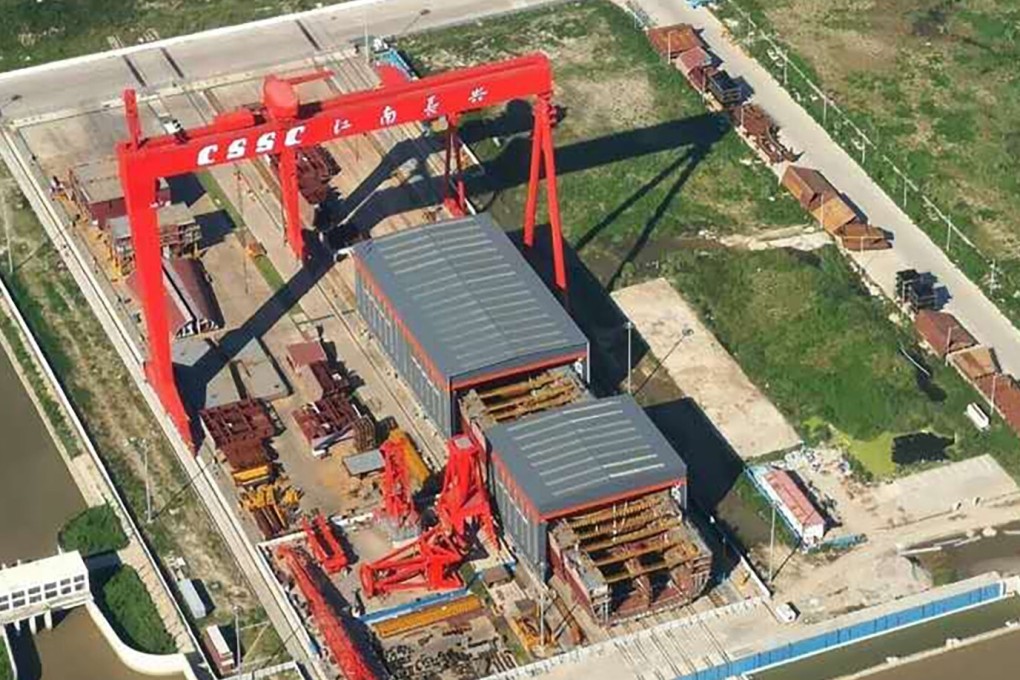 Photos taken by military enthusiasts and posted on social media show the Type 002 aircraft carrier under construction in a dry dock in Jiangnan Shipyard outside Shanghai. Photo: Weibo