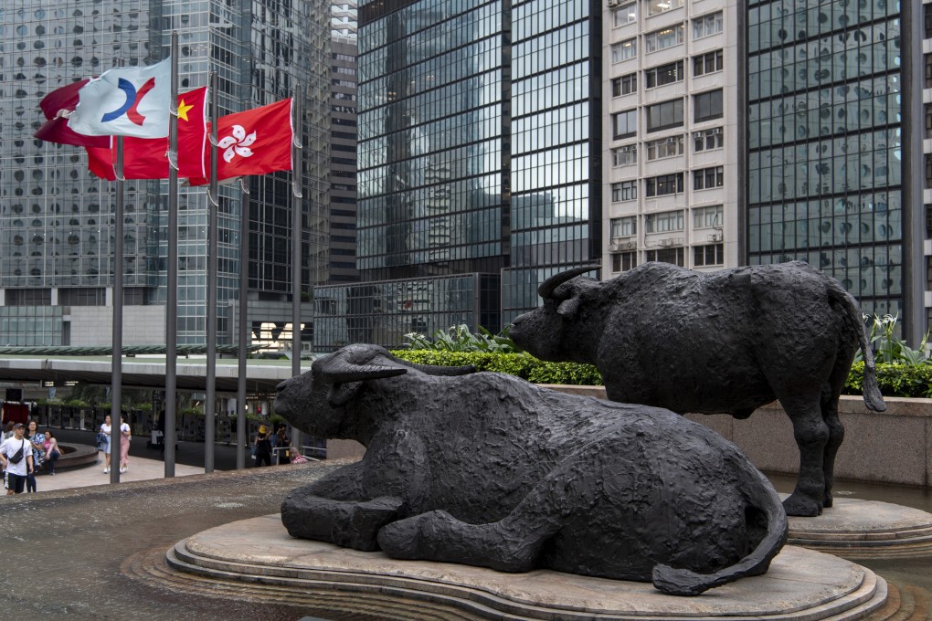 Bronze sculptures of bulls, the symbol of the Hong Kong stock exchange, at Exchange Square in Central. Bullish news in equity markets and the tech sector is being tempered by sustained high volatility and aggressive hedging by investors. Photo: Warton Li
