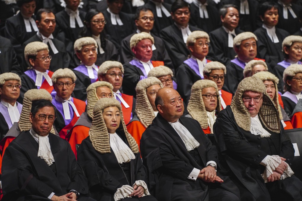 Secretary for Justice Teresa Cheng Yeuk-wah (second from left) and Chief Justice of the Court of Final Appeal Geoffrey Ma Tao-li (centre) attend the Ceremonial Opening of Legal Year 2020 at City Hall in Central. Photo: Robert Ng