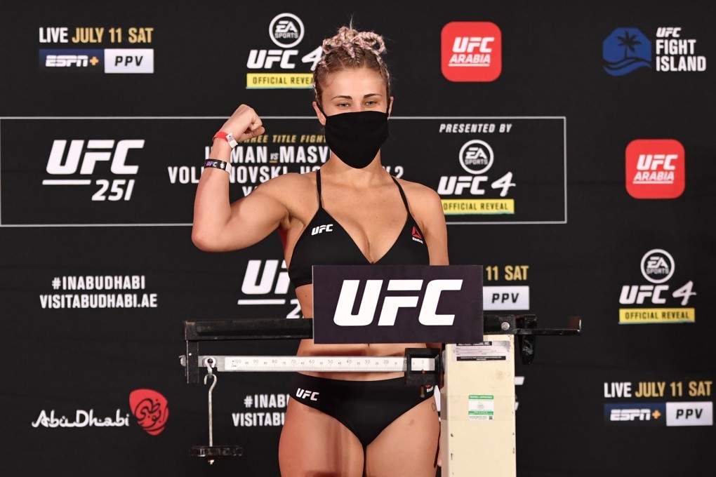Paige VanZant poses on the scale during the UFC 251 official weigh-in inside Flash Forum at UFC Fight Island in Abu Dhabi. Photo: Jeff Bottari/Zuffa LLC