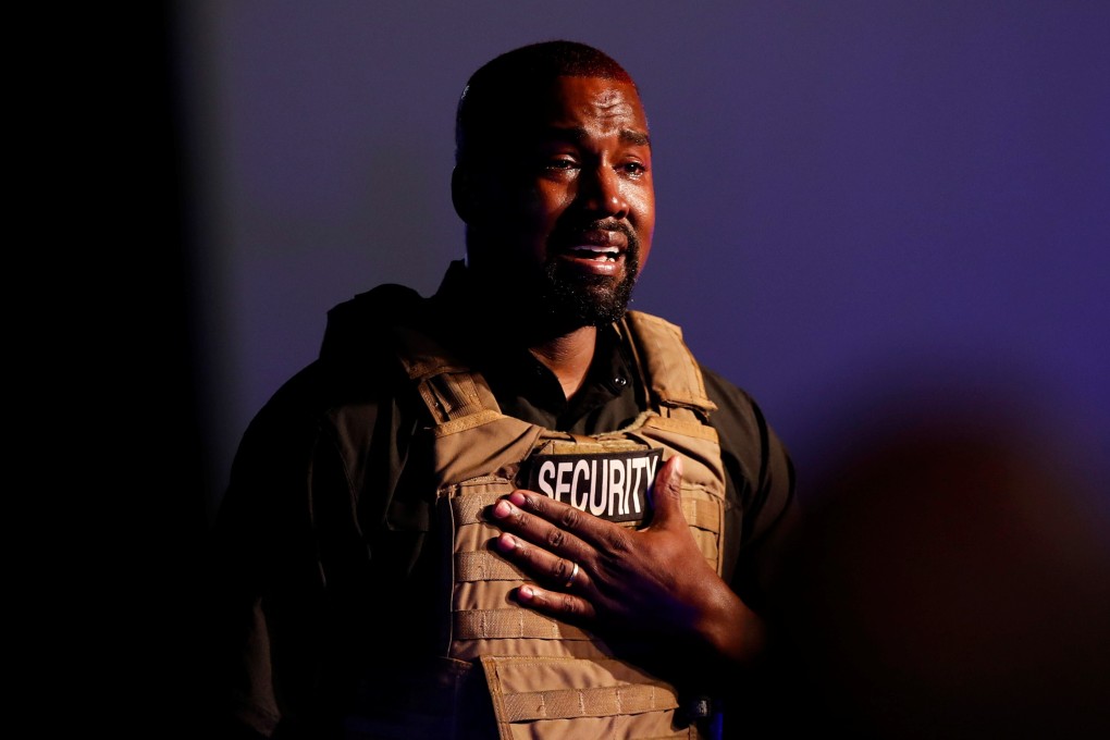 Rapper Kanye West gets emotional as he holds his first rally in support of his presidential bid in South Carolina, US. Photo: Reuters