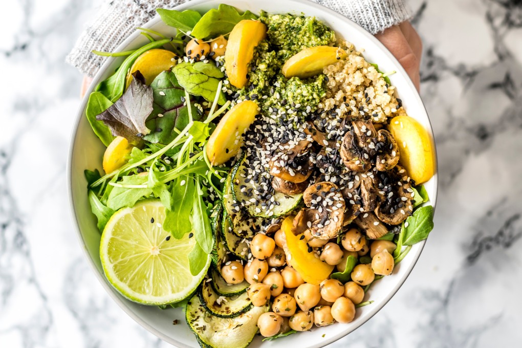 Royalty-free stock photo ID: 1074876758 Instagram Vegan Buddha Bowl with Pesto, Mushrooms and Veggies