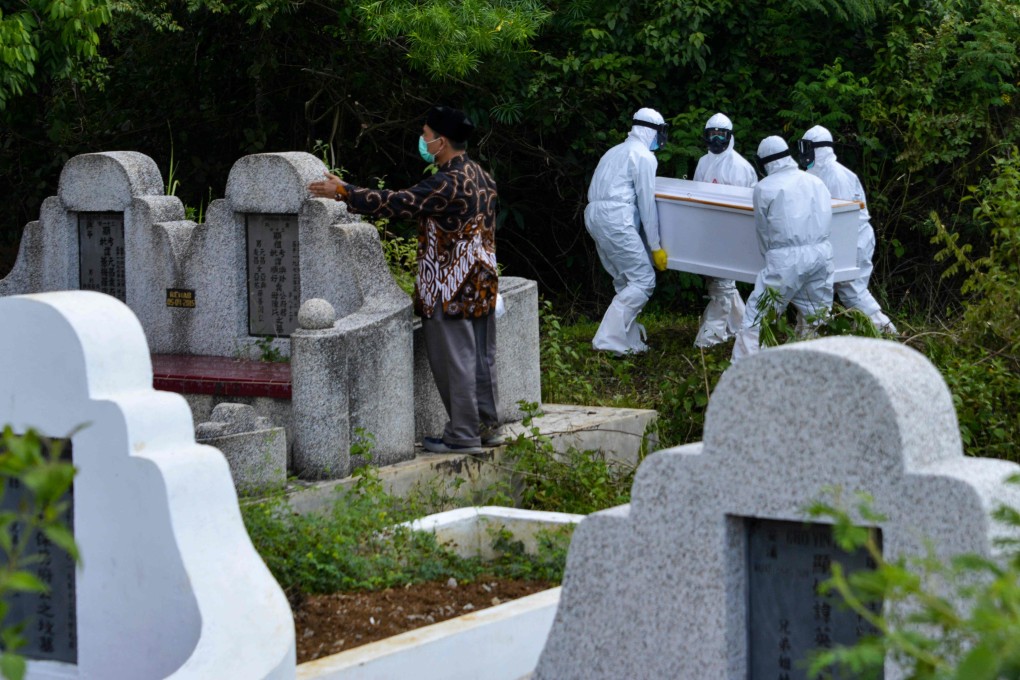 Gravediggers wearing protective gear carry the coffin of a coronavirus victim during a burial at a cemetery in Banda Aceh, Indonesia, earlier this month. Photo: AFP