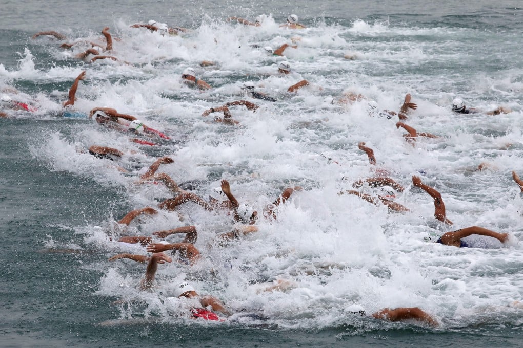 Triathletes compete in the swimming segment at the 2018 Hong Kong ASTC Sprint Triathlon Asian Cup at Sunny Bay, Lantau. Photo: Jonathan Wong