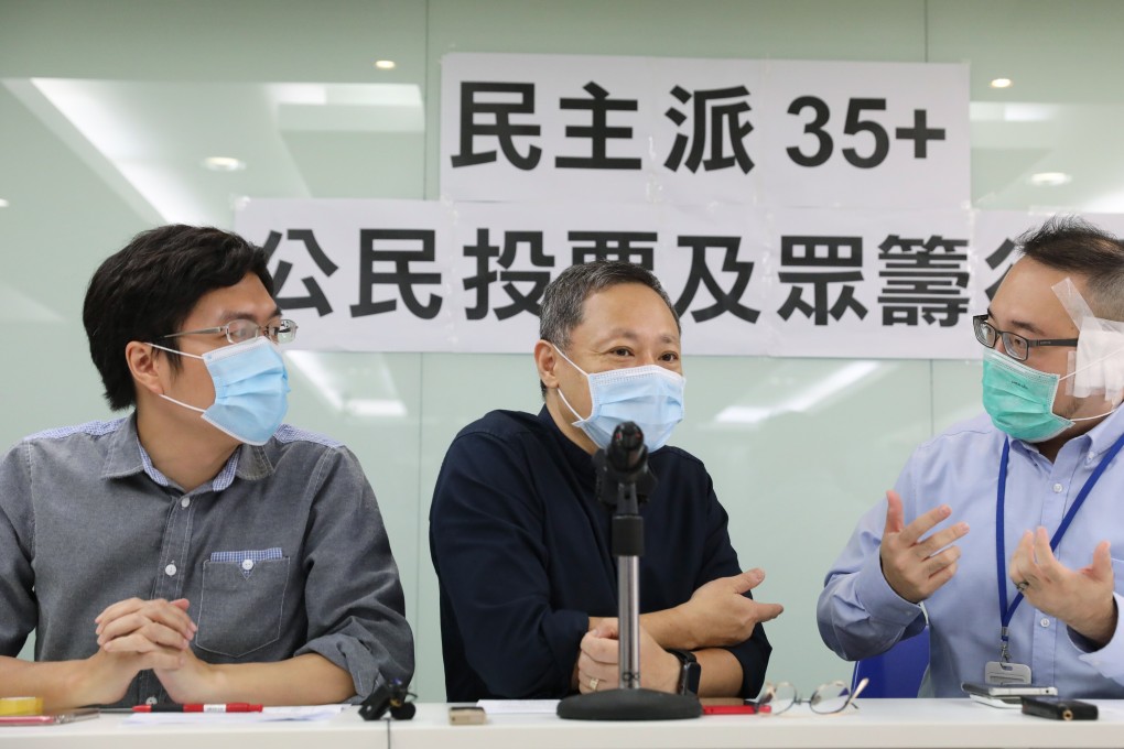 Pro-democracy camp members (from left) Au Nok-hin, Benny Tai and Andrew Chiu Ka-yin hold a press conference in Mong Kok on June 9, calling on the public to participate in the opposition campaign for “35-plus” seats in the Legislative Council. What the camp intends to do with a majority should it get one remains unclear. Photo: Nora Tam