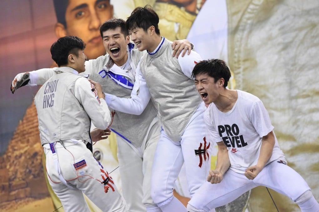 A moment of joy at the World Cup in Cairo. From left: Ryan Choi, Cheung Siu-lun, Cheung Ka-long and Lawrence Ng celebrate after Hong Kong punch their ticket for the Tokyo Olympics in the team foil competition. Photo: FIE