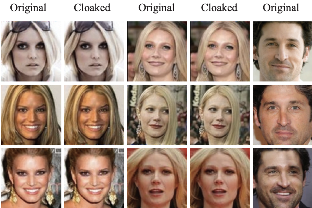 Facial images altered by Fawkes look almost the same to human eyes, but they’re unrecognisable to facial recognition systems. Picture: Fawkes