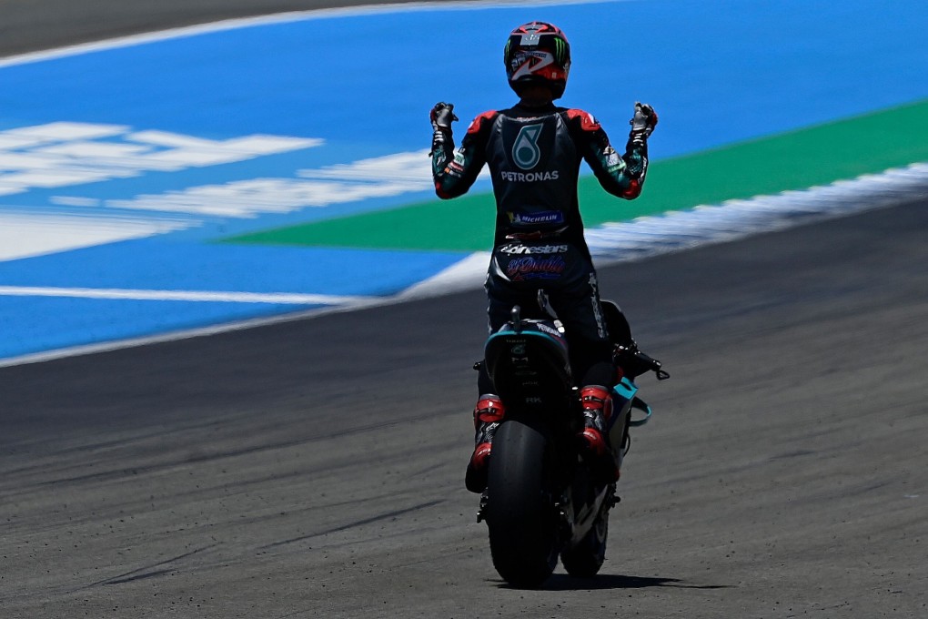 Petronas Yamaha SRT’s French rider Fabio Quartararo celebrates after winning the MotoGP during the Andalucia Grand Prix. Photo: AFP