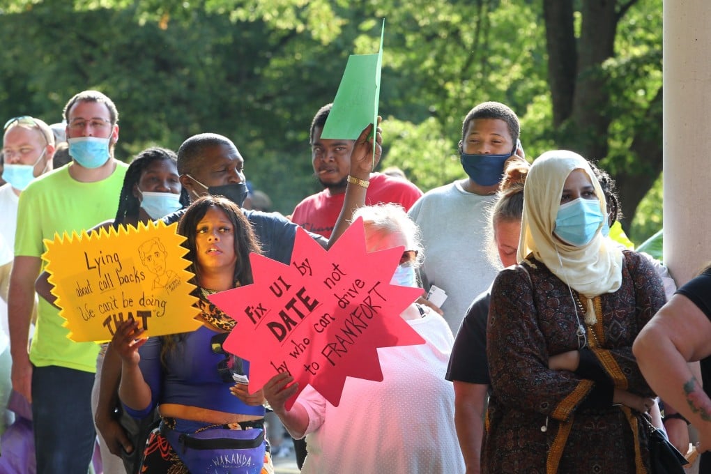 Hundreds of unemployed residents wait in long queues outside the Kentucky Career Centre for help with their unemployment claims on June 19 in Frankfort, Kentucky. Photo: Getty Images/AFP