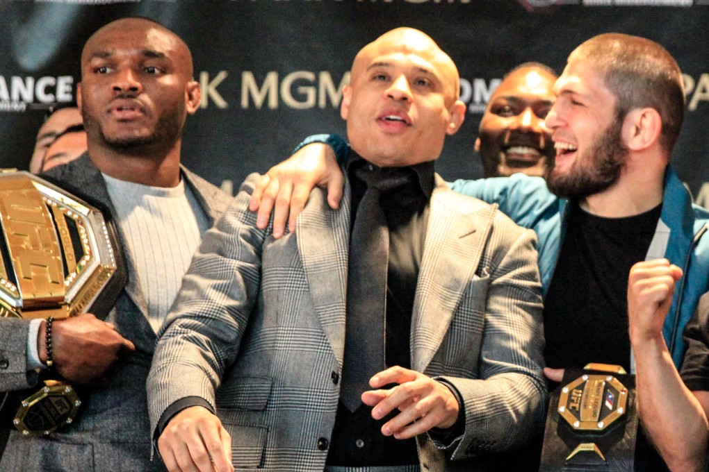 Ali Abdelaziz (centre) at a Dominance MMA Management media day in Las Vegas with some his stars including Kamaru Usman (left) and Khabib Nurmagomedov (right). Photos: Amy Kaplan