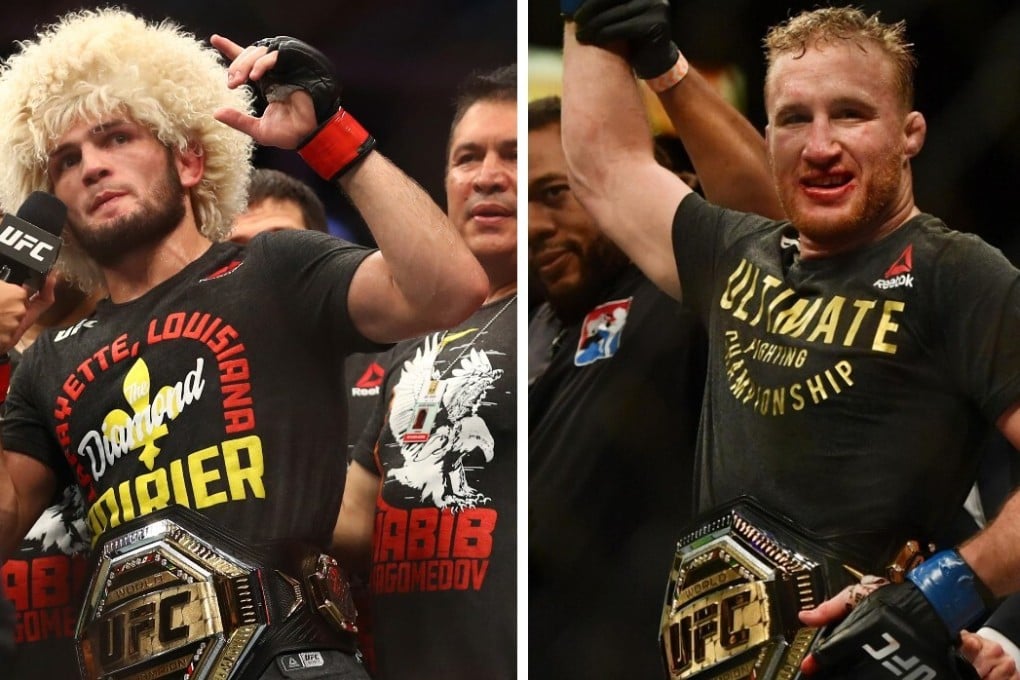 Khabib Nurmagomedov (left) after his UFC 242 win over Dustin Poirier. Justin Gaethje (right) after beating Tony Ferguson at UFC 249 for the interim lightweight title. Photo: AP/USA TODAY Sports