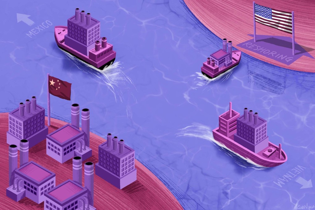 Trump administration efforts to reduce dependence on overseas supply lines by encouraging ‘reshoring’ yield little result so far. Illustration: Lau Ka-kuen