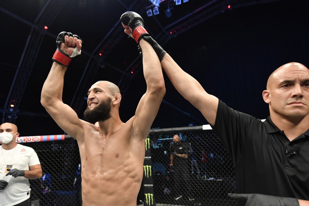Khamzat Chimaev celebrates after his TKO victory over Rhys McKee in their welterweight bout during the UFC Fight Night event inside Flash Forum on UFC Fight Island. Photo: Jeff Bottari/Zuffa LLC via USA TODAY Sports