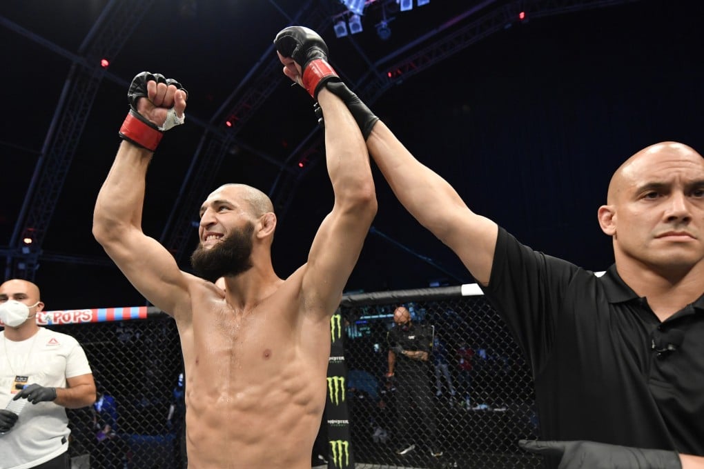 Khamzat Chimaev celebrates after his TKO victory over Rhys McKee in their welterweight bout during the UFC Fight Night event inside Flash Forum on UFC Fight Island. Photo: Jeff Bottari/Zuffa LLC via USA TODAY Sports