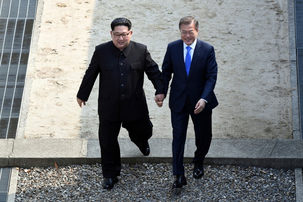 North Korean leader Kim Jong-un and South Korean President Moon Jae-in at the border village of Panmunjom in 2018. Photo: AP