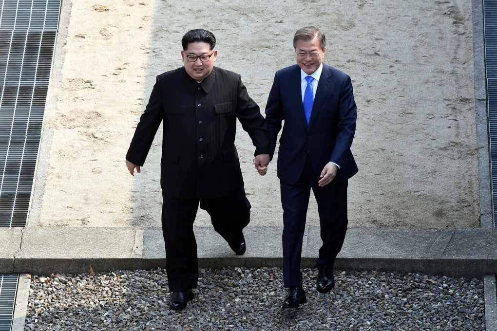 North Korean leader Kim Jong-un and South Korean President Moon Jae-in at the border village of Panmunjom in 2018. Photo: AP