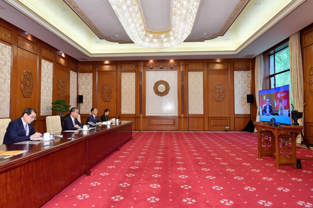Chinese Foreign Minister Wang Yi attends a video meeting with his Indonesian counterpart Retno Marsudi on Thursday. Photo: Xinhua