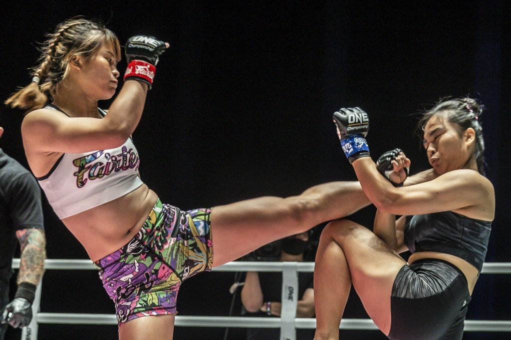 Stamp Fairtex kicks Sunisa Srisen at ONE: No Surrender in Bangkok. Photos: ONE Championship