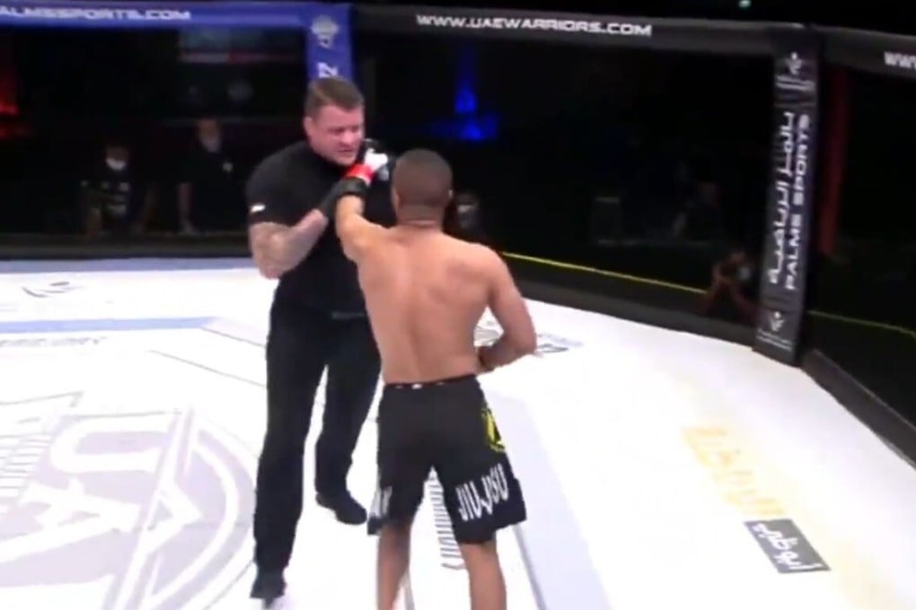Ahmad Al Damarki shoves Marc Goddard after the veteran UFC referee disqualifies him. Photo: UAE Warriors/Twitter