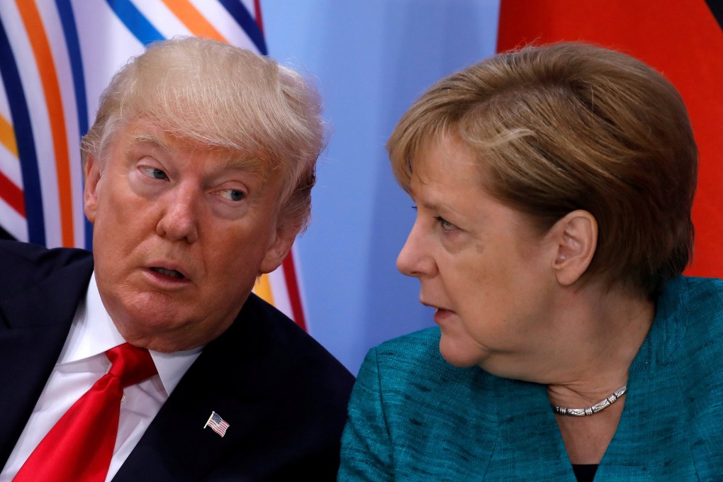 US President Donald Trump and German Chancellor Angela Merkel attend an event during the G20 leaders summit in Hamburg, Germany in July 2017. Photo: Reuters