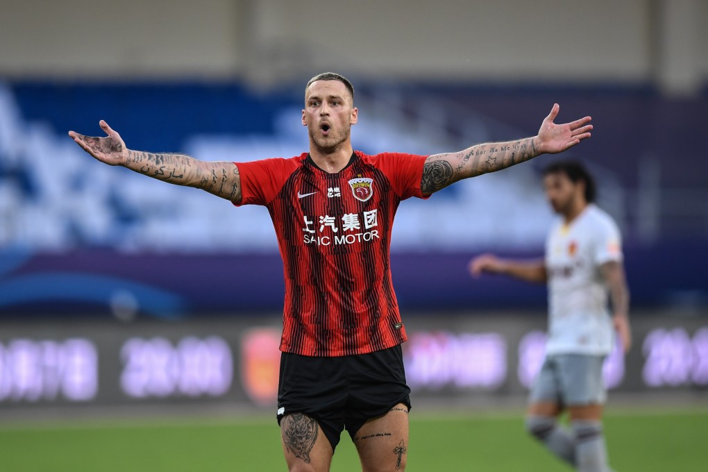 Marko Arnautovic of Shanghai SIPG celebrates during the Chinese Super League second round match against Hebei China Fortune in Suzhou. Photo: Xinhua