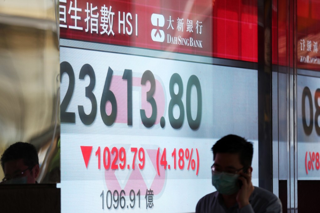 People wearing face masks walk past a bank electronic board showing the Hang Seng Index performance in Hong Kong in May 2020. Coronavirus still dominates sentiment after seven months of pandemic. Photo: Xinhua