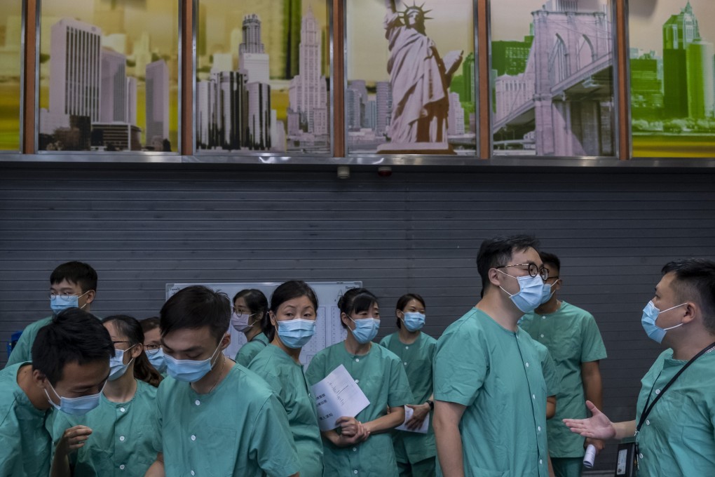 Health workers are already in action at the AsiaWorld-Expo makeshift facility. Photo: Bloomberg