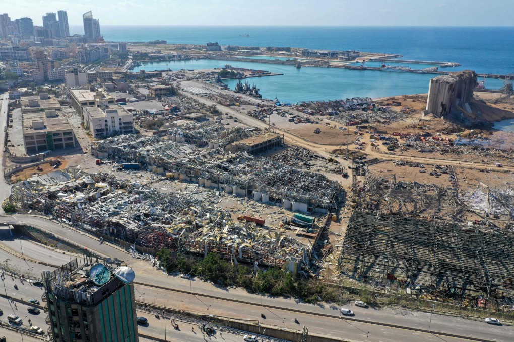 An aerial view shows the massive damage done to Beirut port’s grain silos and the area around it. Photo: AFP