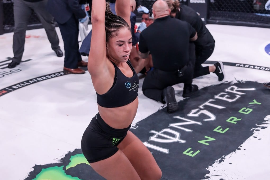 Valeria Loureda celebrates her Bellator 243 win over Tara Graff with a dance inside the cage. Photos: Bellator MMA