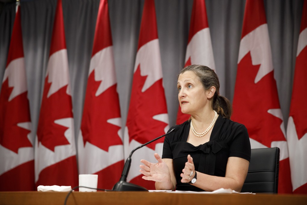 Canada's Deputy Prime Minister Chrystia Freeland speaks during a news conference in Toronto on Friday. Photo: The Canadian Press via AP