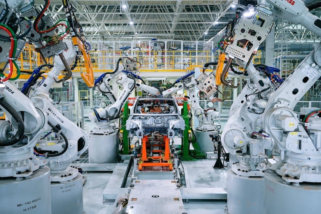 Situated in China’s southern city of Zhaoqing, Xpeng’s new factory touts 100 per cent automation for installation of car bodies at its welding workshops, with over 200 robotic arms. Photo: Handout